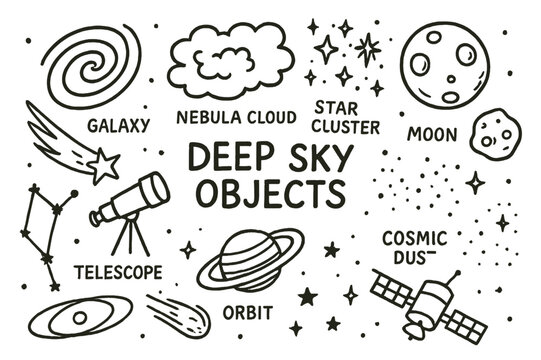 Deep Sky Doodles. Deep sky objects. Hand-drawn doodle illustration deep sky objects galaxy spiral, nebula cloud, star cluster, telescope, shooting star, comet,