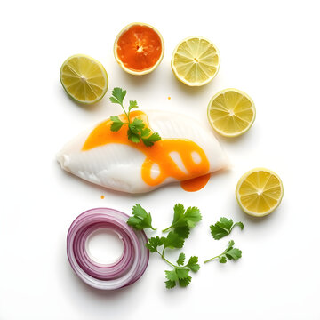 set of products for Peruvian tiradito sashimi-style fish slices with spicy aji sauce and fresh cilantro