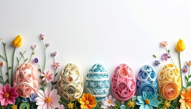 Colorful Easter eggs and spring flowers in a paper quilling craft style forming a bottom border on a clean white background. Festive holiday decoration for greeting cards, template with copy space.