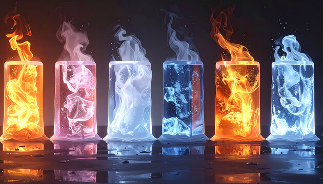 Colorful flames inside glass cylinders
