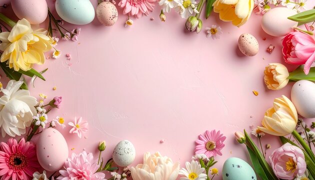 Easter holiday background with a decorative frame of colorful painted eggs and fresh spring flowers on a pink surface. Top view flat lay composition with generous copy space, perfect for a template.