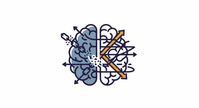 Stylized brain illustration with broken chains and arrows indicating thought processes