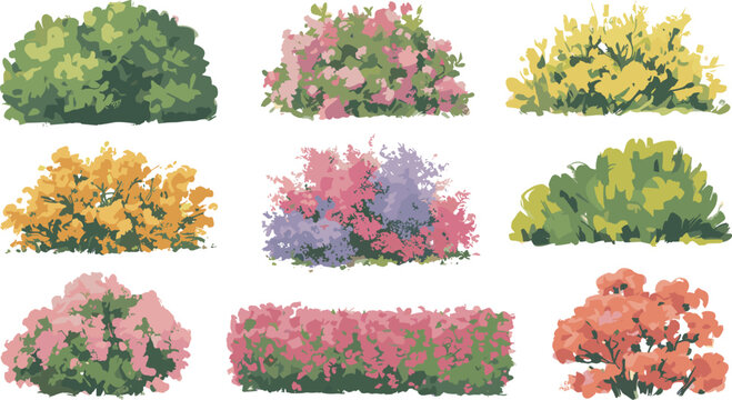 Colorful garden bushes set, decorative shrubs and flower beds with vibrant blossoms and green foliage, natural landscape elements, isolated vector illustration for design use