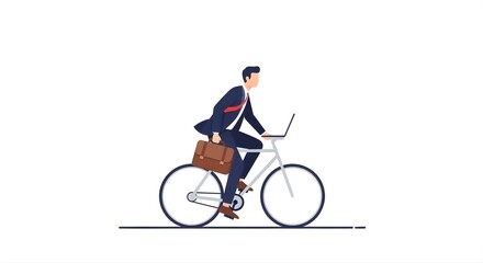 Fototapeta premium Earth Day commuter rides bicycle to work with laptop and briefcase on a sunny day