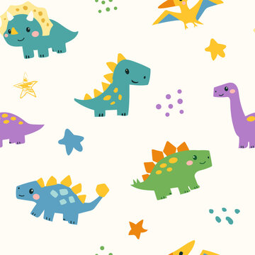 Vector seamless dinosaur pattern. Childish character print for kids fabric, children design, nursery textile and wallpaper