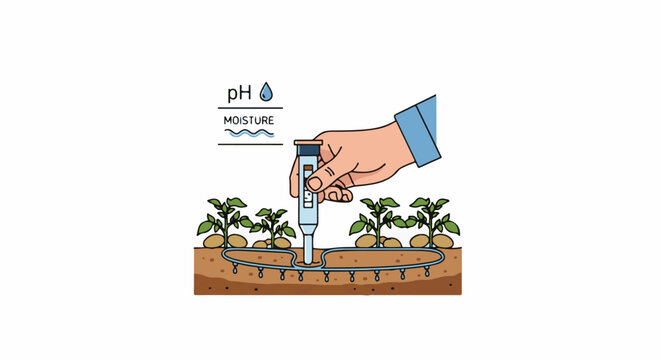 Hand tests soil pH and moisture with a device near young potato plants