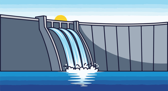 A tall, gray dam releases cascading water into a blue reservoir under a yellow sun