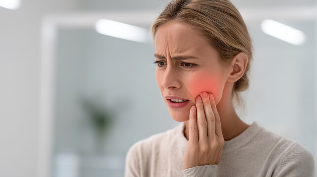 A woman is experiencing a toothache, her hand is seen holding the painful area of ​​her cheek.