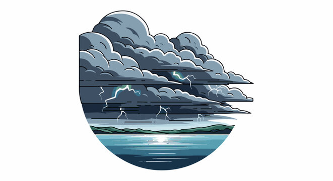 Dark storm clouds with lightning over a tranquil body of water and distant land