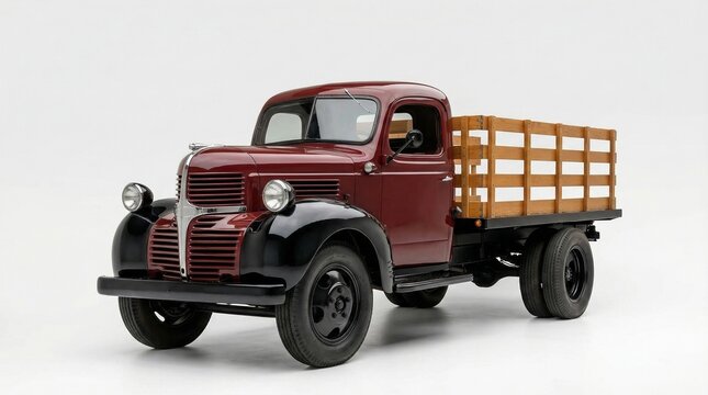 Vintage flatbed stakeholder truck, detailed, isolated on white background.