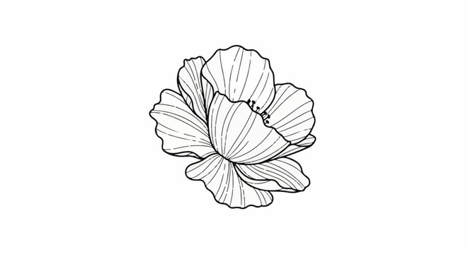 Delicate line art drawing of a stylized poppy with ruffled petals