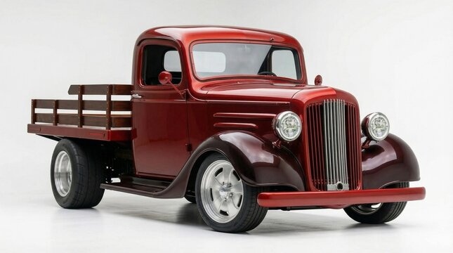 Custom metallic cherry red vintage flatbed truck with modern wheels.