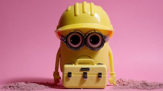 Construction action minion character studio setting toy photography close-up view creative fun concept