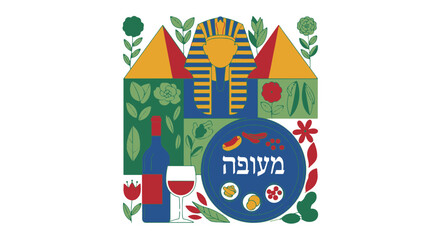 Fototapeta premium Passover Day Symbols with Egyptian Pharaoh Head and Wine Bottle