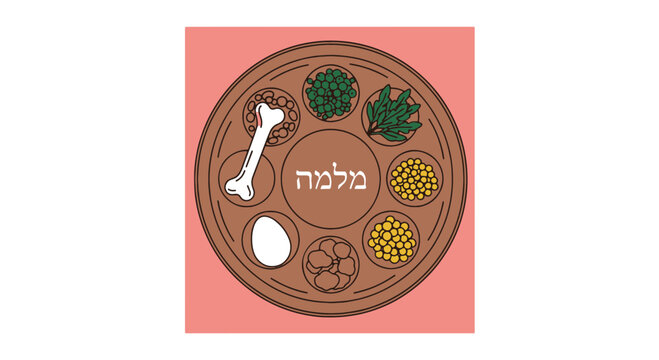 Passover Day Seder Plate with Symbolic Foods and Hebrew Text