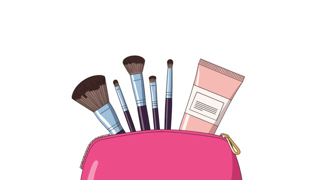 Pink cosmetic bag filled with various professional makeup brushes and a skincare product tube isolated on a plain white background.