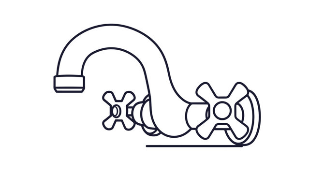 Simple black and white line art illustration of a classic bathroom or kitchen sink water faucet with dual cross handles on a white background.