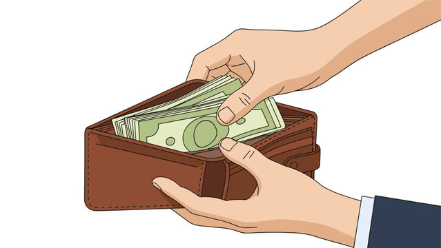 Close up of a person's hands holding a brown leather wallet filled with several green paper money bills against a white background.