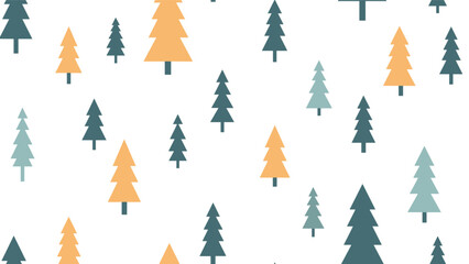 Obraz premium Minimalist seamless pattern featuring stylized pine trees in various shades of orange, teal, and blue on a plain white background.