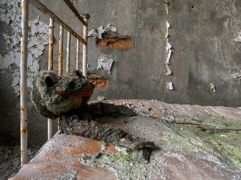 View of a decaying stuffed toy lying on a rusty metal bed frame inside an abandoned building with peeling paint in Prypyat, Kyiv Oblast, Ukraine.