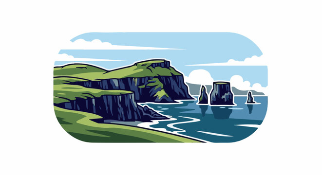 Scenic coastal cliffs rise above a serene ocean under a cloudy sky