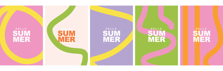 Five summer themed square posters with wavy lines and vibrant colors featuring hello summer typography for bright seasonal marketing and branding. © MSTSHUKURI