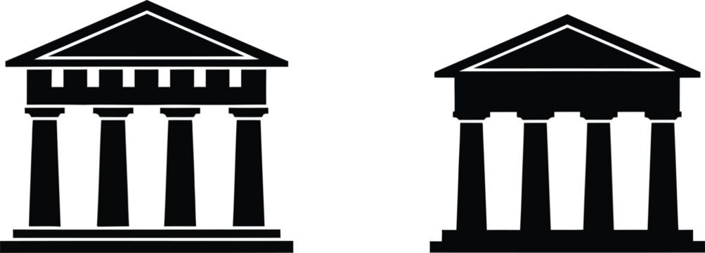 Two black and white icons of classical buildings with columns and a pediment