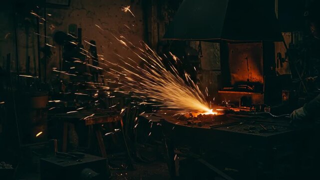 A vibrant forge scene with sparks flying from hot metal.
