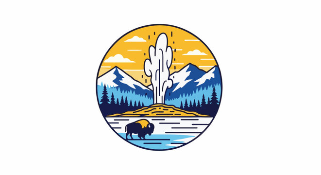 Stylized natural landscape with geyser eruption, mountains, trees, and bison