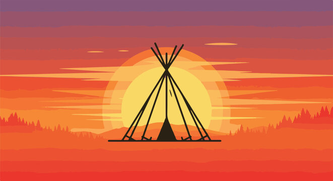 A teepee stands silhouetted against a large, setting sun