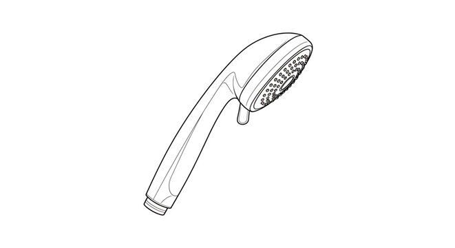 A minimalist line art illustration of a handheld showerhead with a sleek design
