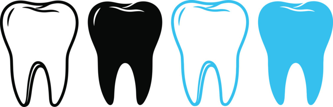 Tooth icons in different styles: outline, silhouette, and blue, four graphic