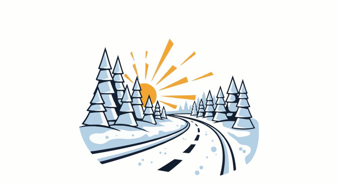 Winter road through snowy trees with a bright, radiant sun