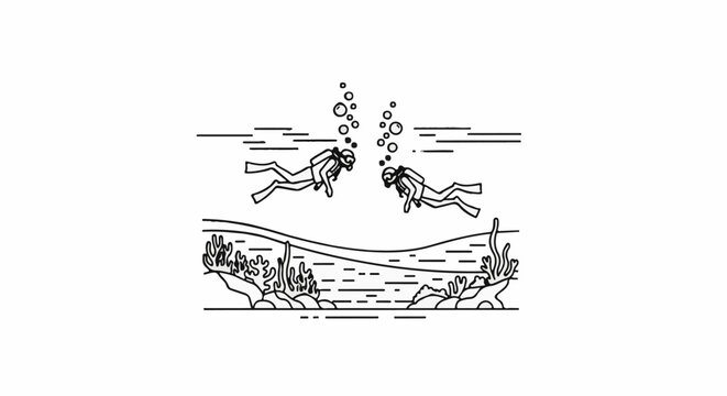 Two scuba divers swim towards each other amidst coral reefs and bubbles