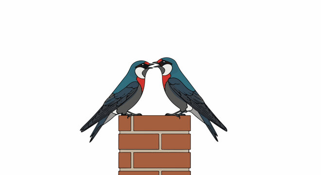 Two swallows with red throats perch on a brick structure, facing each other