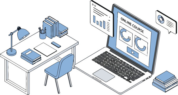 Isometric Illustration of Online Course Platform and Workspace for E-learning and Remote Education Concepts