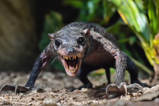 creature of ai, chupacabra, tiny monster with bat like ears, sharp teeth and large eyes, large fangs, screaming angry, fear, cute and scary, fantasy, photorealistic