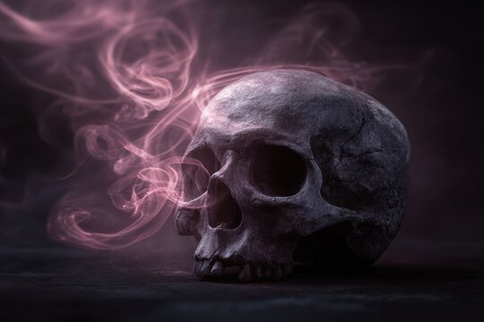 Surreal skull in rose haze, white eye sockets and smoky atmosphere