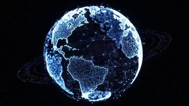 Glowing Digital Earth Globe Displaying Worldwide Connected Network Lines Orbiting Against Black Space Background For Showcasing Global Technology Data Visualization Concepts