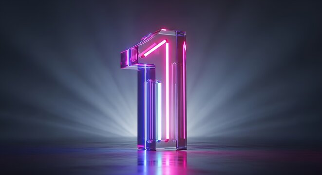 Glowing neon number one in glass style. Concept of first place and being the best. 3D digital number 1 standing on reflective surface with light rays