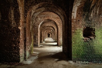 Fototapeta premium Perspective view along a long brick corridor of arches and pillars