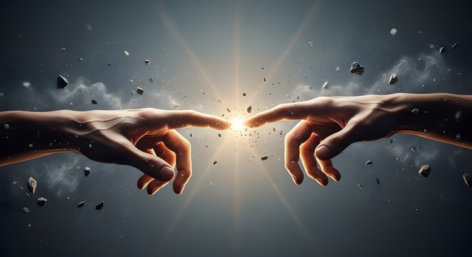 Two hands reaching to touch fingers with a bright light spark. Concept of human connection and creation. Fingers almost touching with floating debris and space background