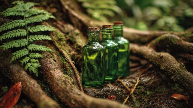 Natural cosmetics display: green glass oil bottles balanced on tree roots amid fern greenery for eco banner mockup
