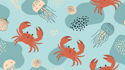 Obraz premium Marine life seamless pattern featuring red crabs and light blue jellyfish on a teal sea background with abstract water shapes.