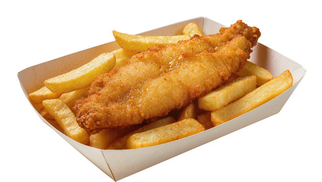 Crispy golden fried fish fillet with thick cut potato chips, served in a paper tray isolated on transparent background