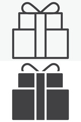 Cake style gift box with bow icon in line and solid styles. Outline and solid icon, editable stroke vector sign symbol. Cake gift box icon for party and birthday.