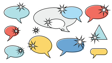 Obraz premium Large set of various colorful speech and thought bubbles decorated with star-shaped sparkles on a clean white background.