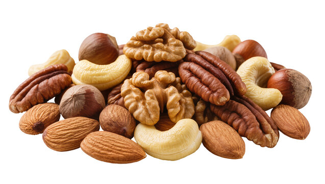 Assorted mixed nuts including walnuts pecans cashews almonds and hazelnuts, isolated on transparent background