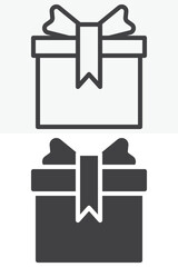 Wrapped birthday gift box with bow icon in line and solid styles. Outline and solid icon, editable stroke vector sign symbol. Gift box icon for party design.