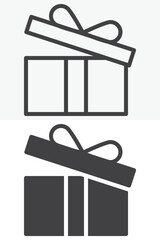 Open gift box with ribbon bow icon in line and solid styles. Outline and solid icon, editable stroke vector sign symbol. Open gift box icon for surprise.